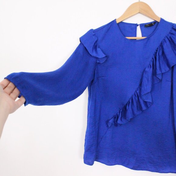 *Topshop Blue Satin Ruffle Blouse - Picture 3 of 5